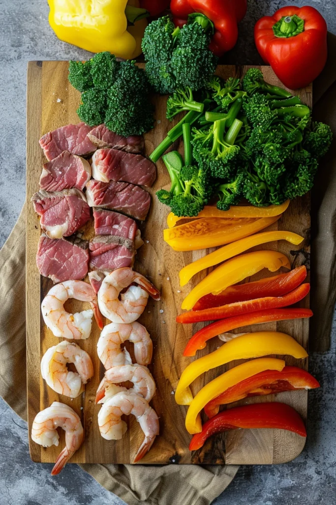raw steak slices and shrimp with vegetables for stir fry