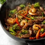 sizzling steak and shrimp stir fry in wok