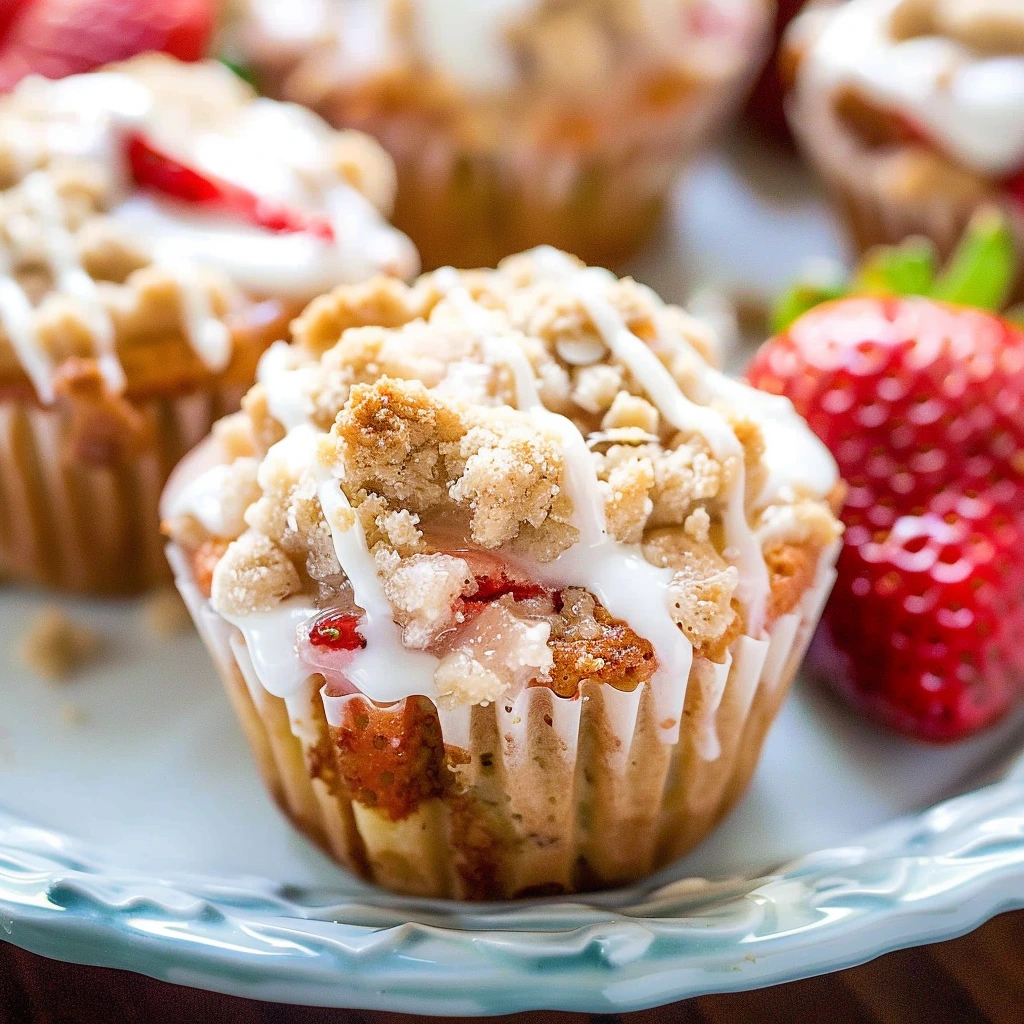 Strawberry Crumb Cake Muffins: A Sweet Delight for Every Morning 4 Halved Strawberry Crumb Cake Muffin showing soft and moist interior with fresh strawberries.