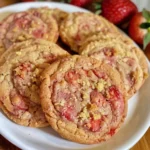Close-up of strawberry crunch cookies with a crispy topping