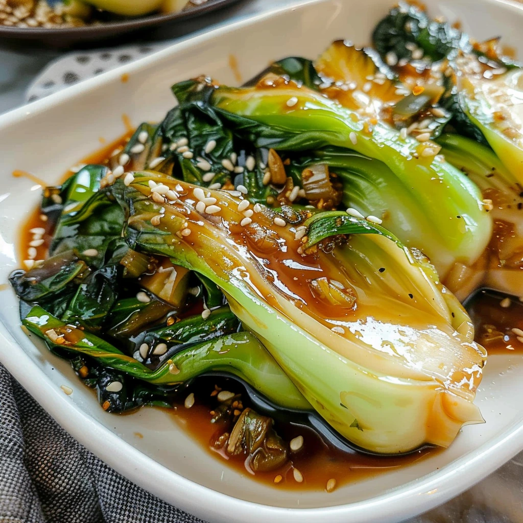 Baby Bok Choy with Soy Sauce stir-fry in white bowl