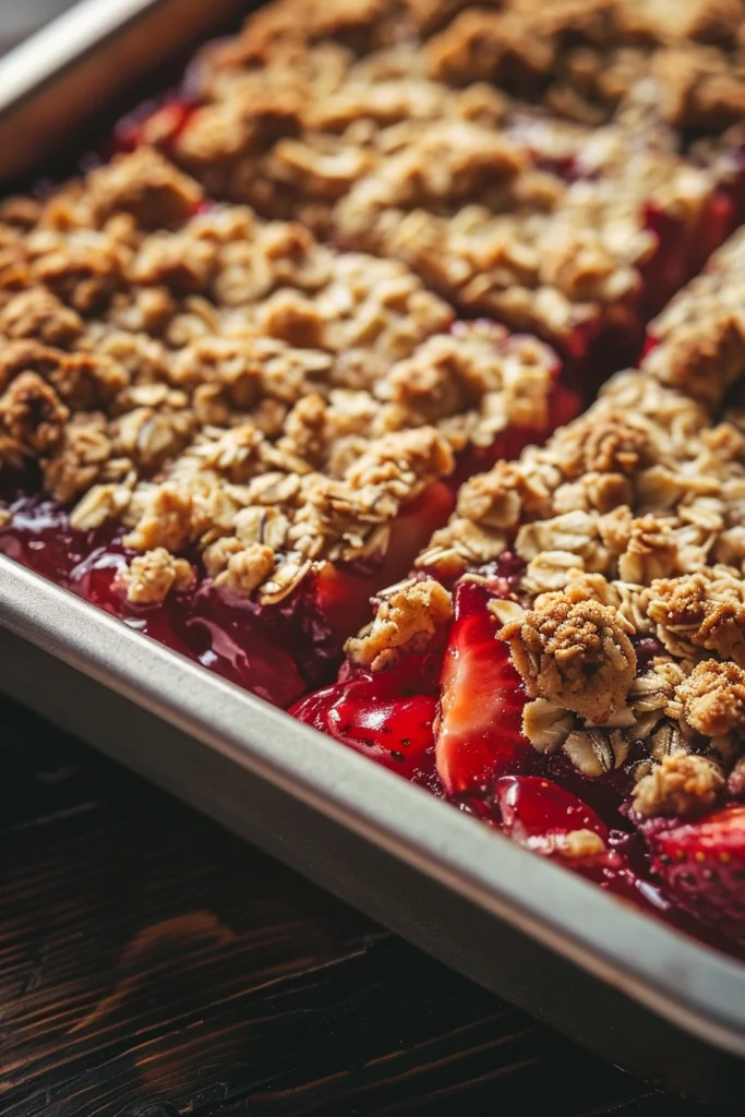 Strawberry Oatmeal Crumble Bars – A Simple, Wholesome Dessert Everyone Loves 6 Strawberry oatmeal crumble bars baking with bubbling strawberry filling