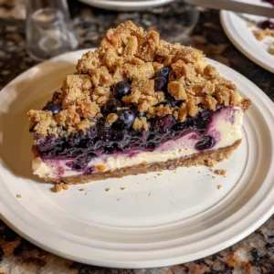 Blueberry Crumble Cheesecake freshly baked with crumble topping