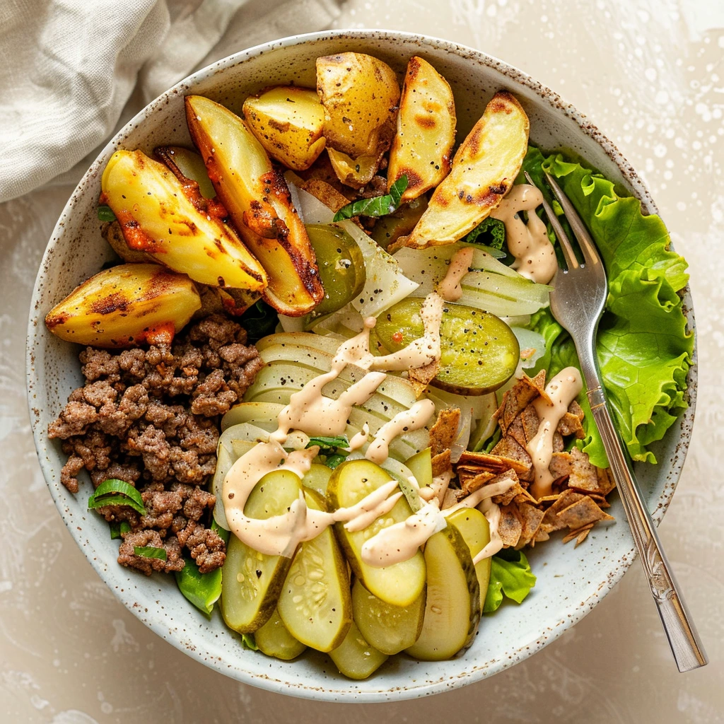 Burger Bowls with Ground Beef, Fresh Vegetables, and Quinoa