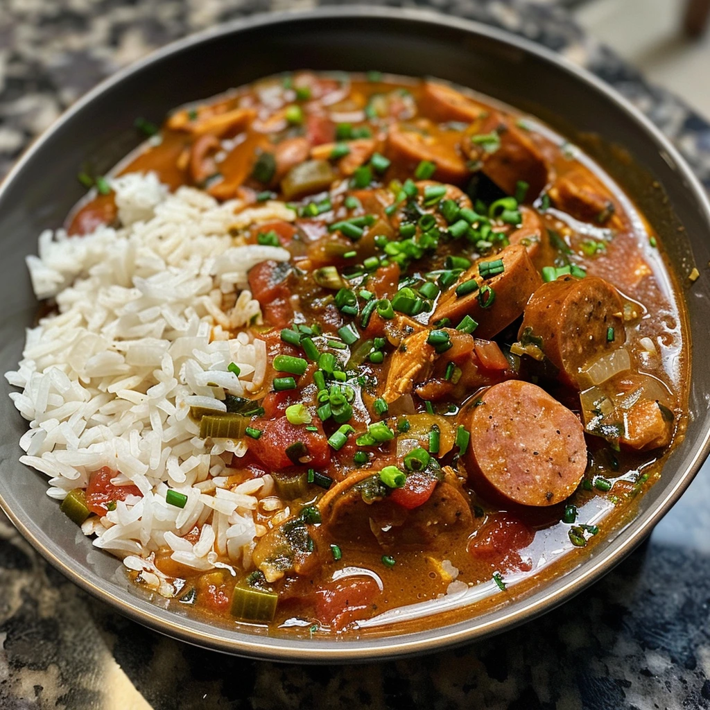 Cajun Sausage and Chicken Gumbo served over rice