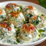 Chicken Ricotta Meatballs with Spinach Alfredo Sauce 2 Chicken Ricotta Meatballs with Spinach Alfredo Sauce on plate