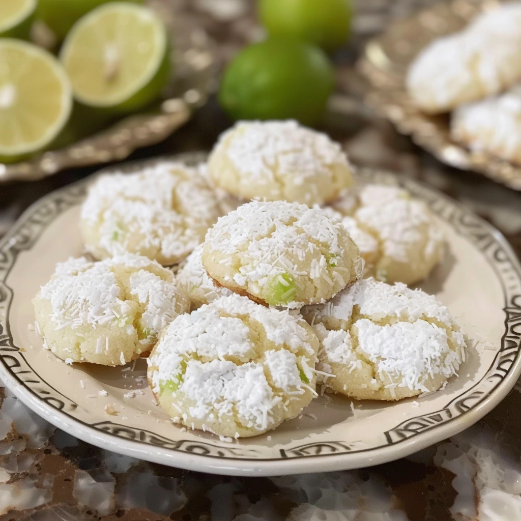 Coconut Key Lime Crinkle Cookies on a plate