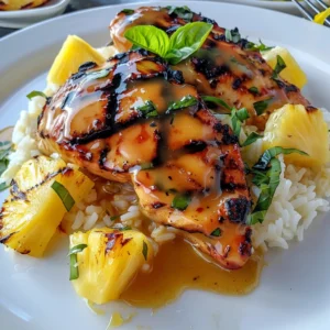 Hawaiian Chicken with Coconut Rice served on a white plate