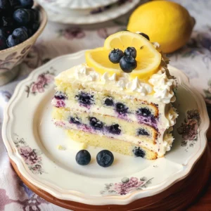 Lemon Blueberry Cake with fresh blueberries and lemon slices