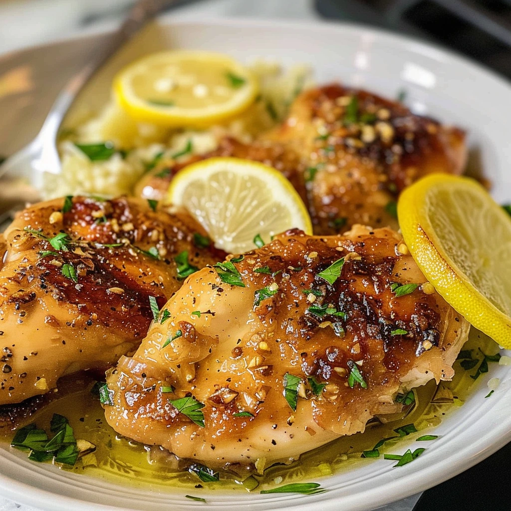 lemon chicken recipe with lemon slices and fresh herbs