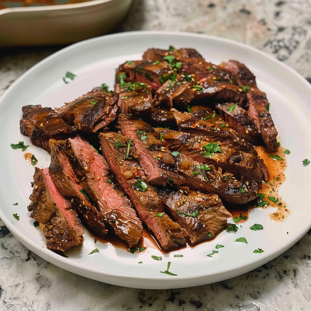 Marinated skirt steak sliced against the grain and grilled to perfection