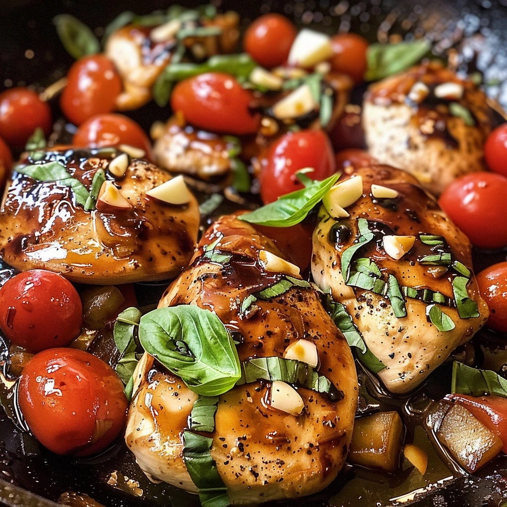 One Pan Balsamic Chicken with roasted cherry tomatoes and fresh basil