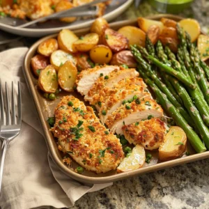 Parmesan Crusted Chicken Sheet Pan Dinner with crispy chicken and roasted vegetables