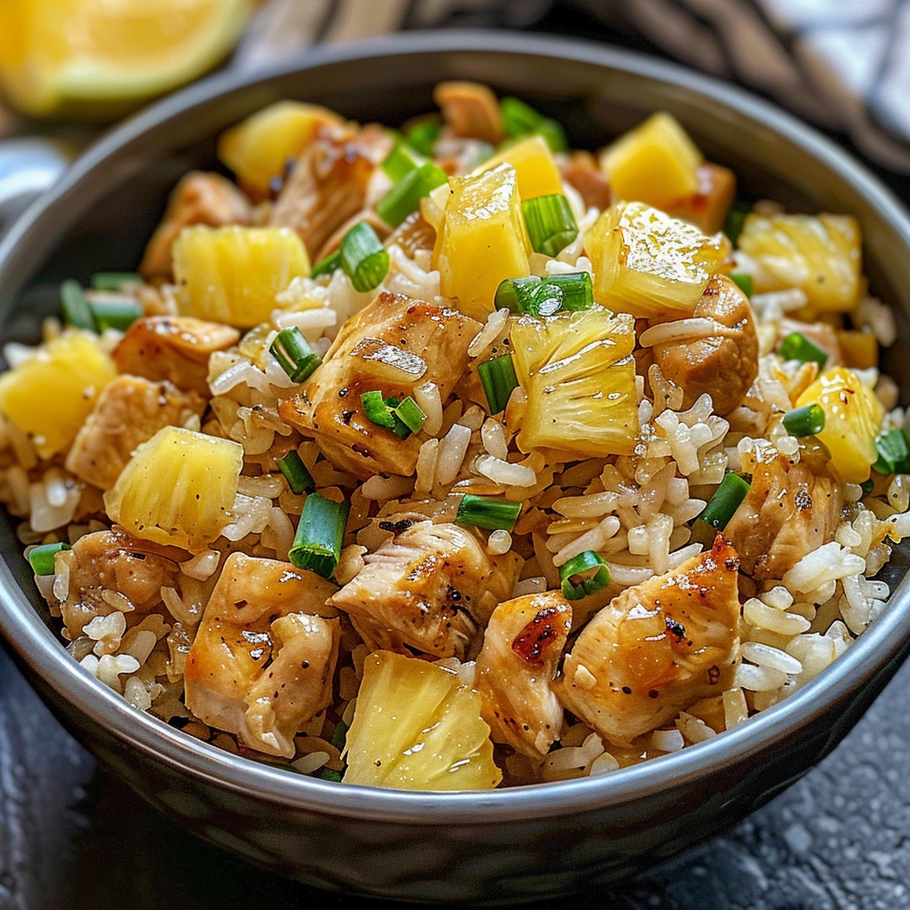 Pineapple Chicken and Rice plated with fresh pineapple and fluffy rice