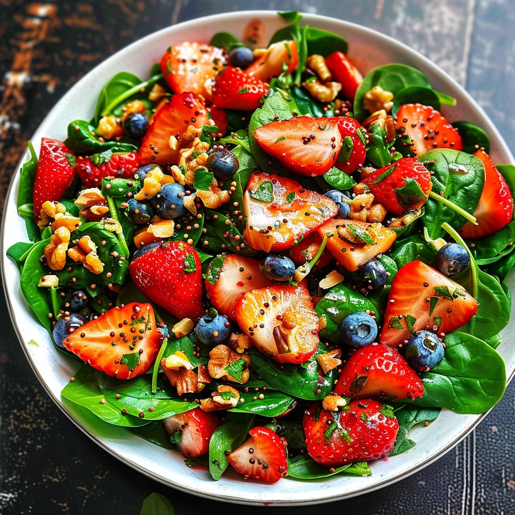 Fresh strawberry spinach salad recipe with pecans and feta