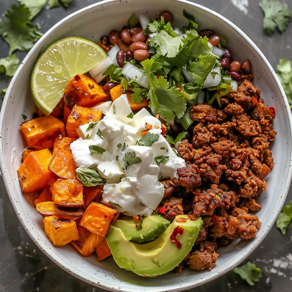 Sweet Potato Taco Bowl with roasted sweet potatoes, beans, avocado, and fresh cilantro