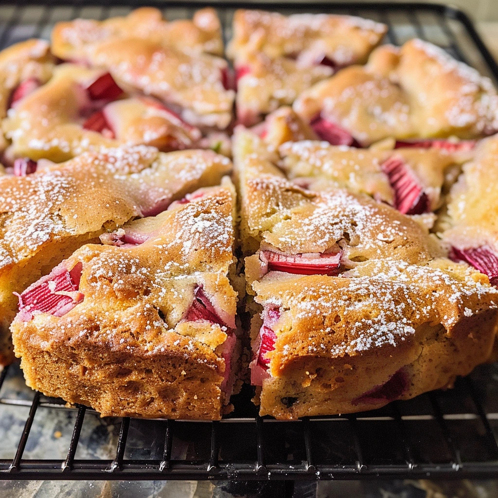 EASY RHUBARB BREAKFAST CAKE sliced on plate