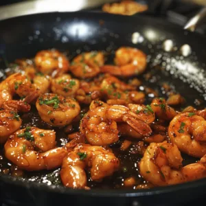Honey garlic shrimp in skillet with glossy sauce and visible garlic pieces.
