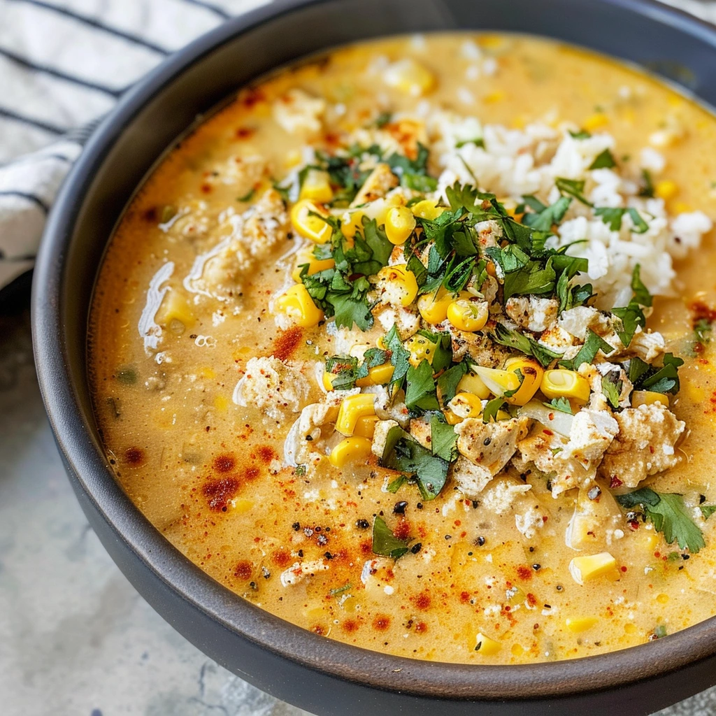 Mexican Street Corn Soup in rustic bowl with cheese and lime