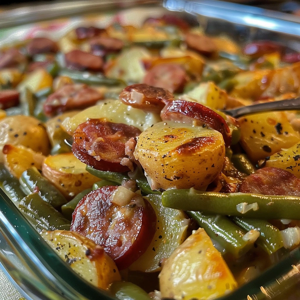 Sausage Green Bean Potato Casserole with Golden Cheese