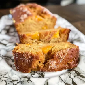 Loaf of delicious easy spiced peach bread fresh out of the oven