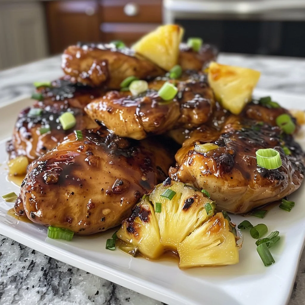 Delicious Brown Sugar Pineapple Chicken served with fresh vegetables