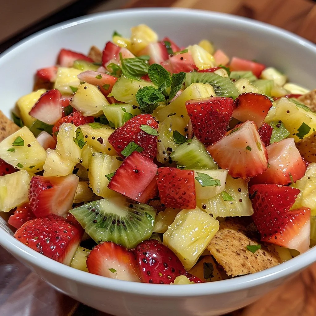 Delicious simple fruit salsa served with crunchy cinnamon chips