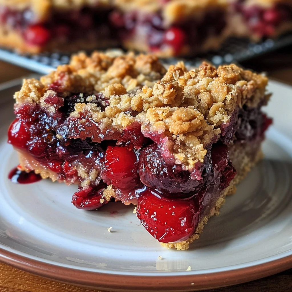 Delicious homemade cherry crumble bars with a crumbly topping