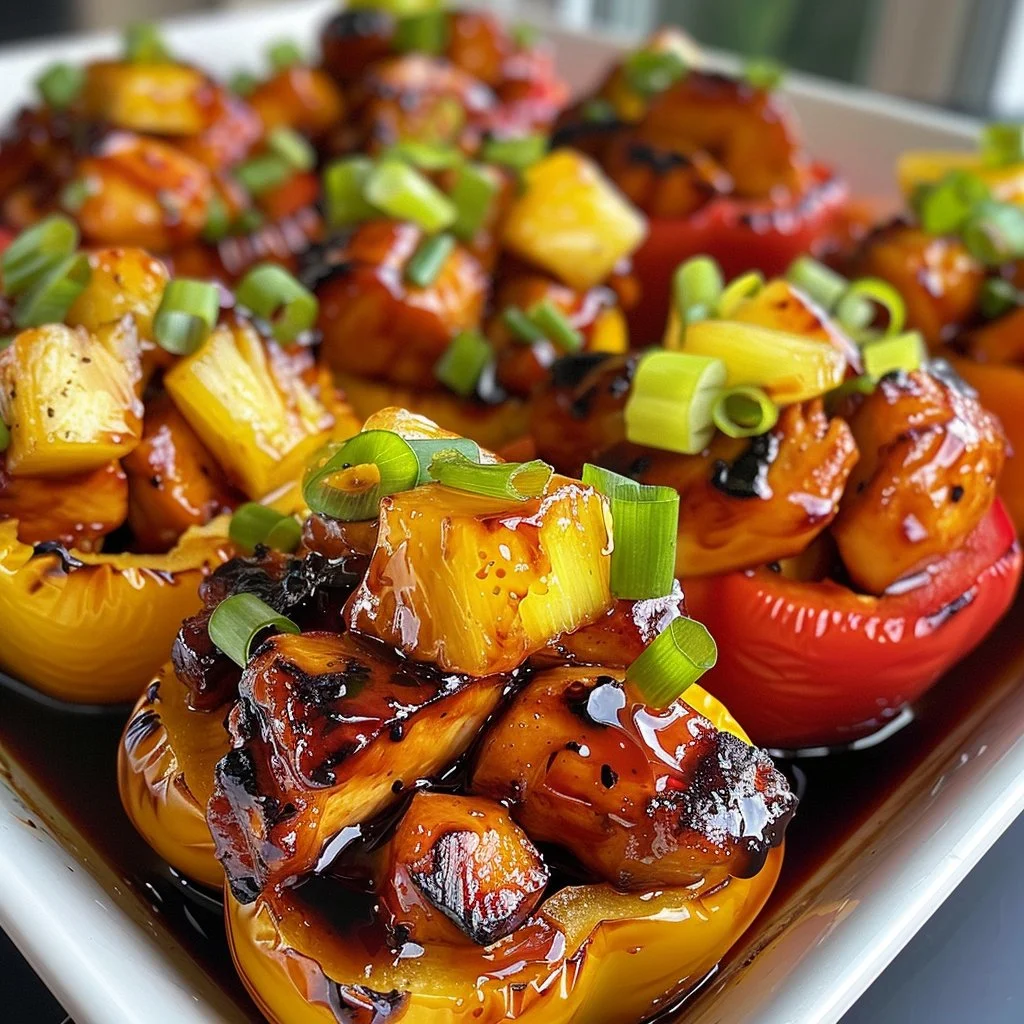 Teriyaki chicken stuffed peppers with pineapple on a plate