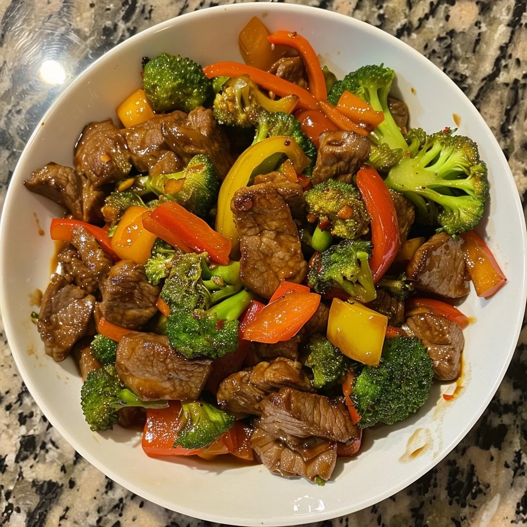 Beef stir fry with colorful vegetables served in a bowl