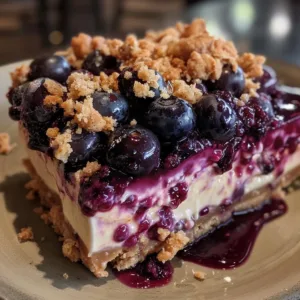 Delicious blueberry crumble cheesecake with a golden topping and fresh blueberries