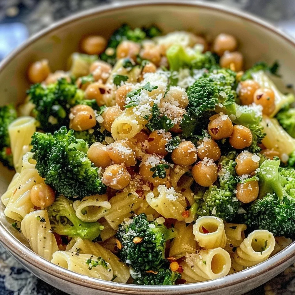 A bowl of Broccoli Chickpea Pasta topped with fresh herbs.